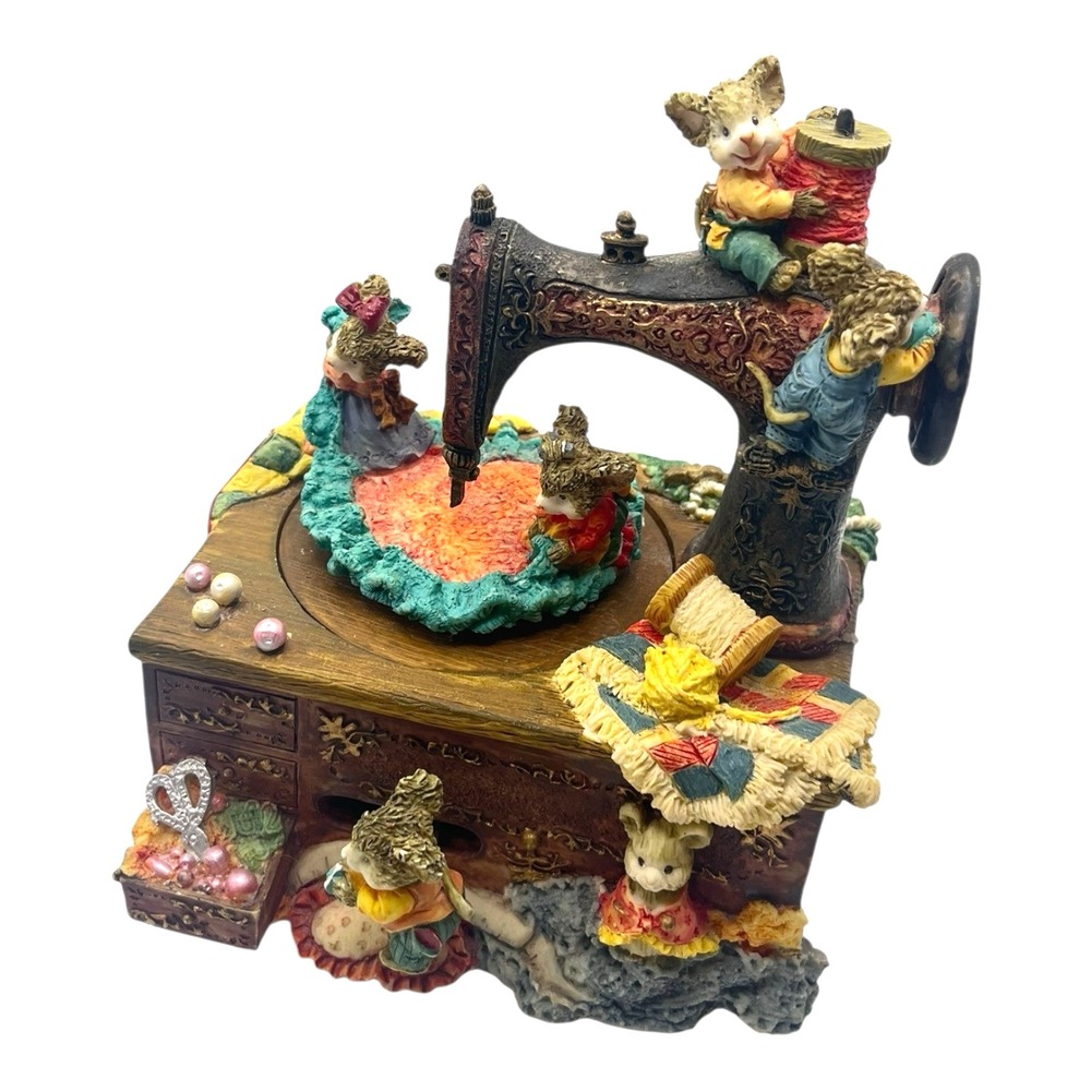 Vintage Motion Music Box Mice On Sewing Machine Plays "Whistle While You Work"